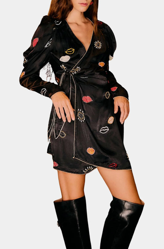 Beaded Kisses Black Wrap Dress