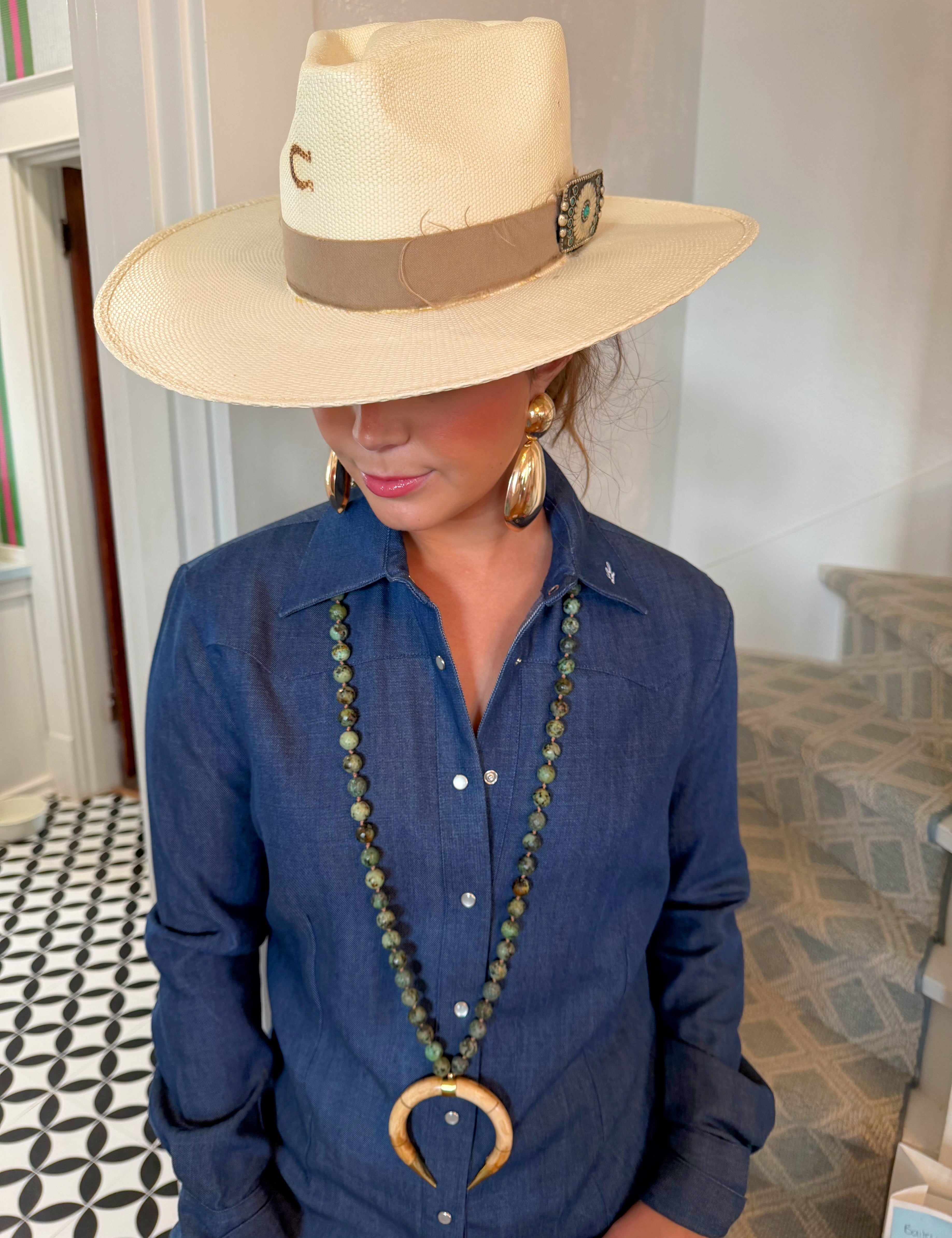 Brown Ox Horn with Jade Beads Necklace