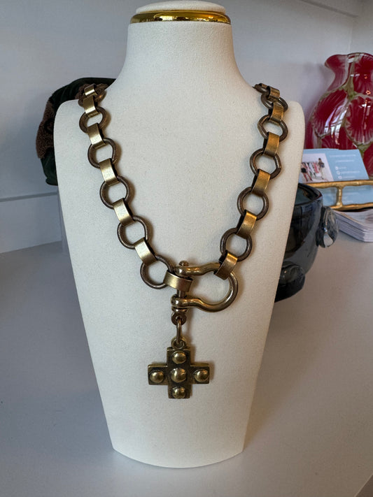 Gold Cross on Shackle Necklace