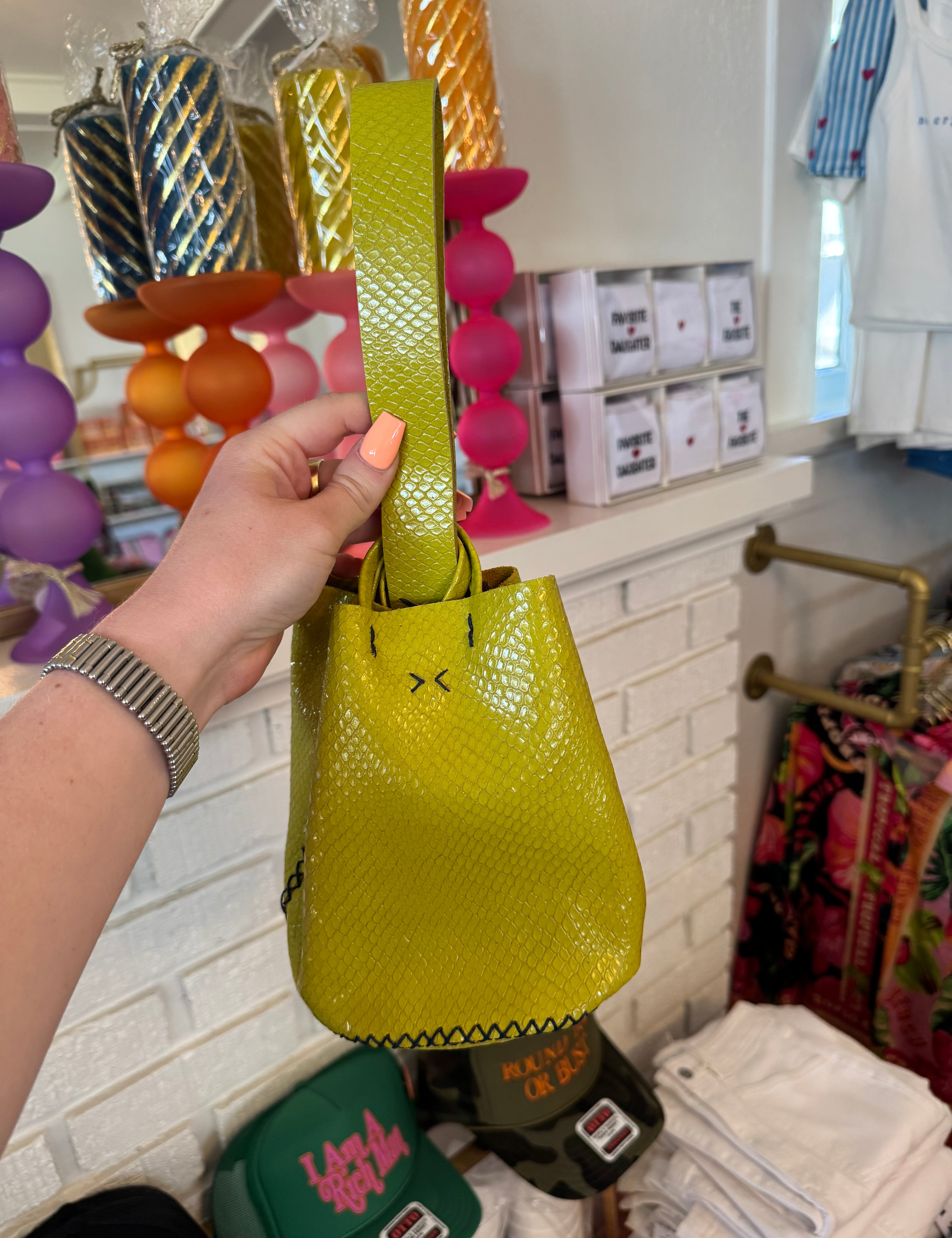 Chartreuse with Blue Stitch Purse